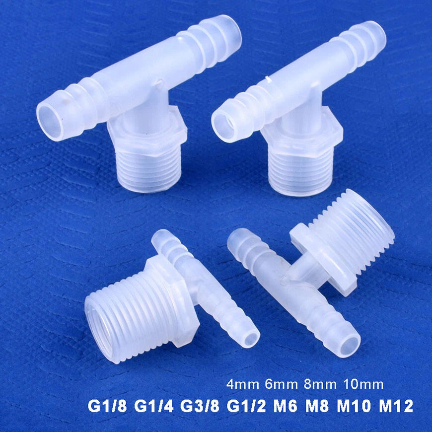 Plastic T Joiner Barbed X Male Thread Hose Connector Pipe Fittings Air Water