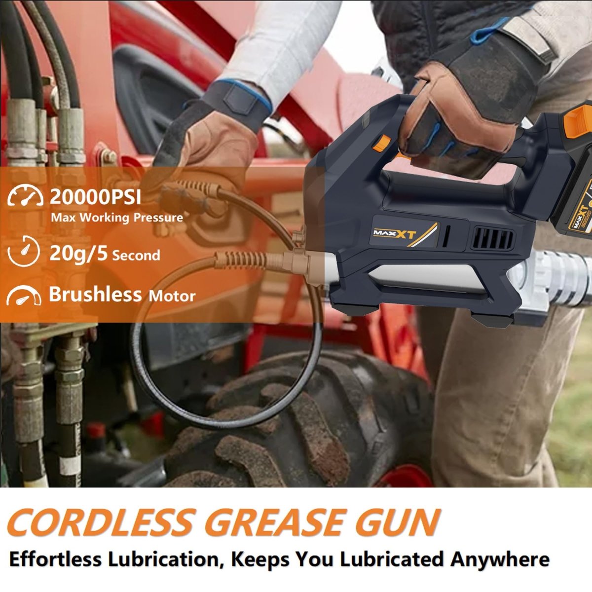 Heavy Equipment Grease Gun Cordless, Max 20000 PSI 20V Grease Gun Battery Powered with 4.0Ah Battery and Quick Charger, 40" Long Hose and LED Light, 6 Speed Electric Grease Gun - HomeDIYer
