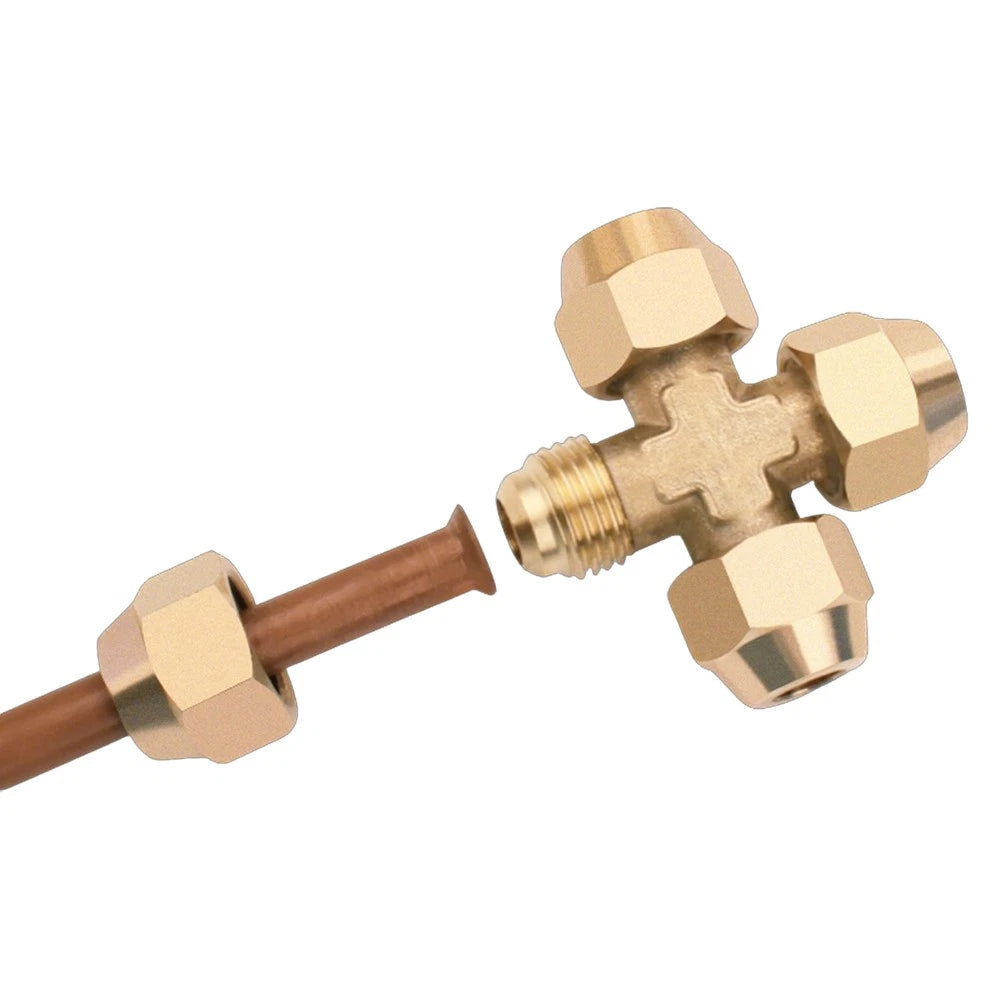 Brass Compression Cross Fitting 4-Way Flared Connector — 6mm & 8mm
