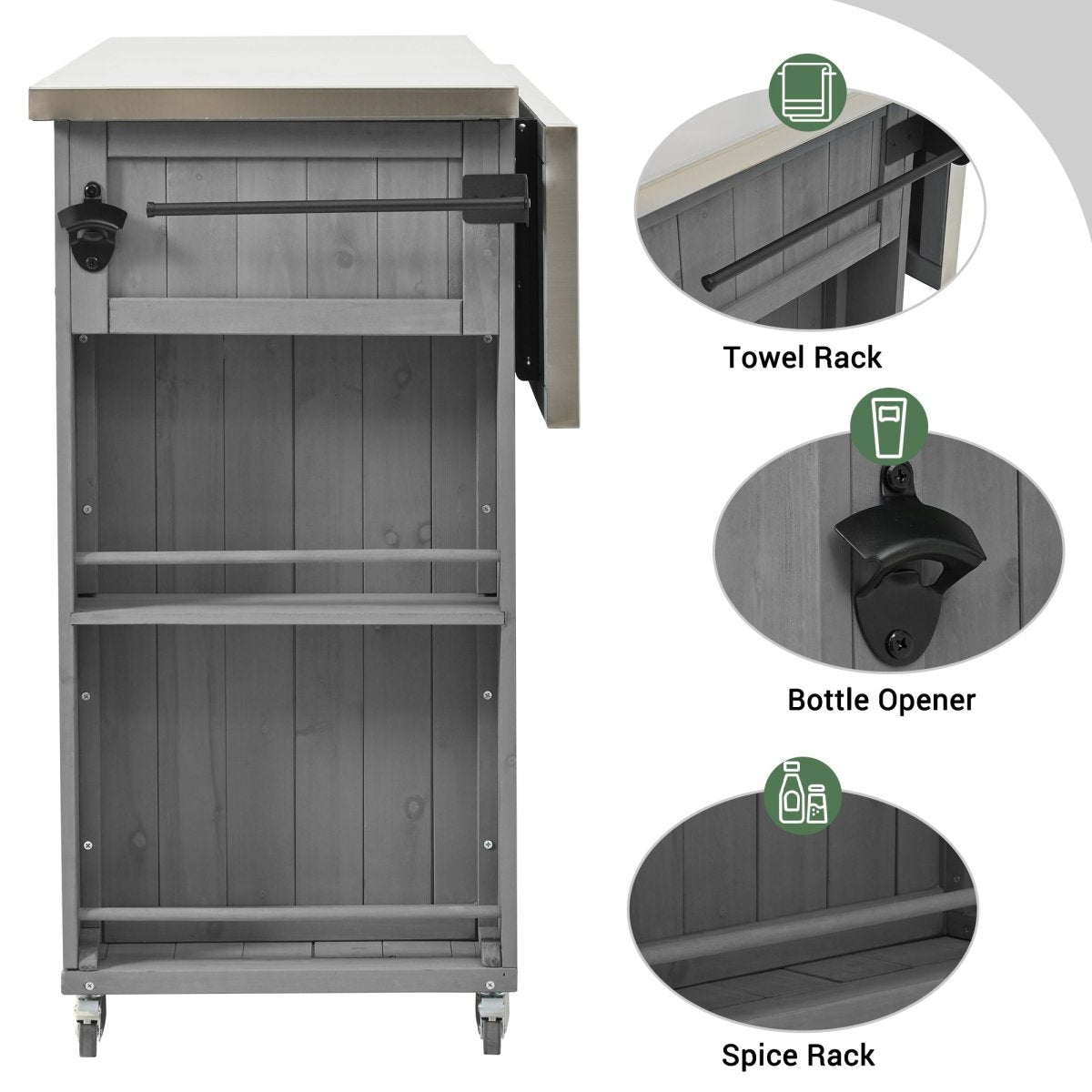 Grey Outdoor Kitchen Island with Stainless Steel Top | Foldable Fir Wood Prep Station - HomeDIYer