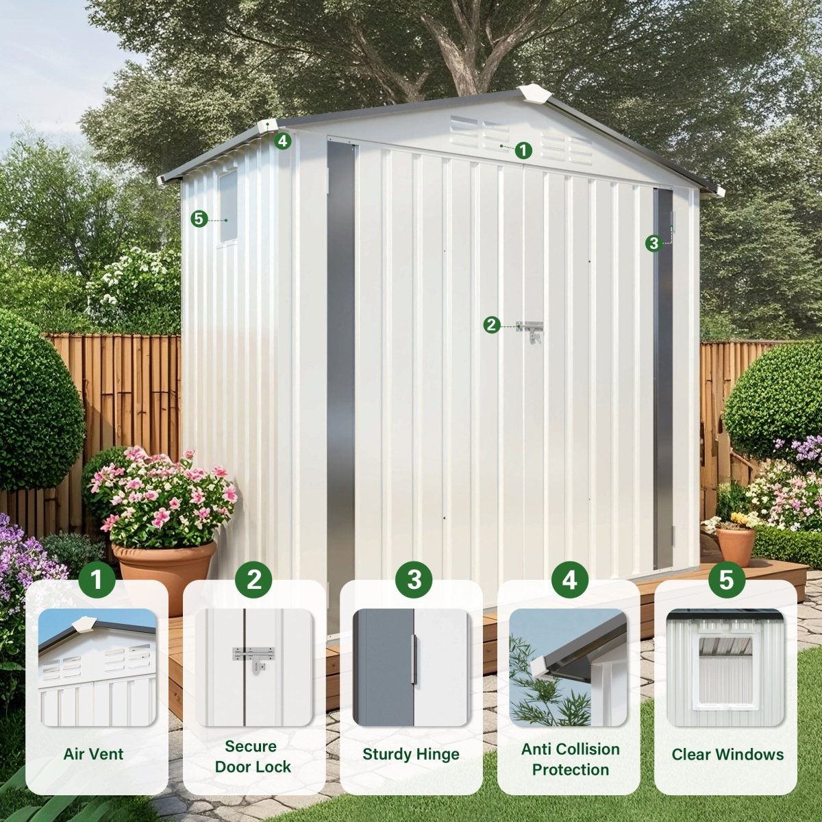 6X4 FT Metal Outdoor Storage Shed,Tool Shed with Pitched Roof Watertight with Positive Window and Lockable Door Compact Metal Tool Shed for Garden, Backyard,Patio,Sundries and Bike Storage, White+Gray - HomeDIYer