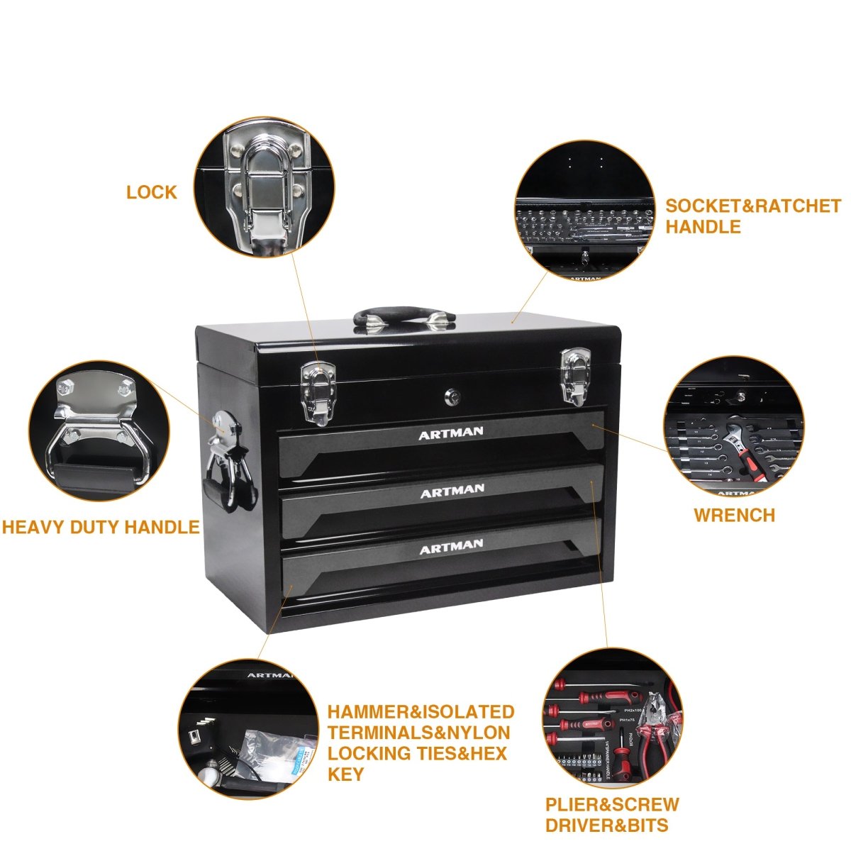 20'' Portable 3 - Drawer Steel Toolbox, 4 Layers of Tools with Metal Latches, with Top Storage Tray and carrying Handle, Multi - Function Tool Storage for Garage, Home, or Workbench,Black - HomeDIYer