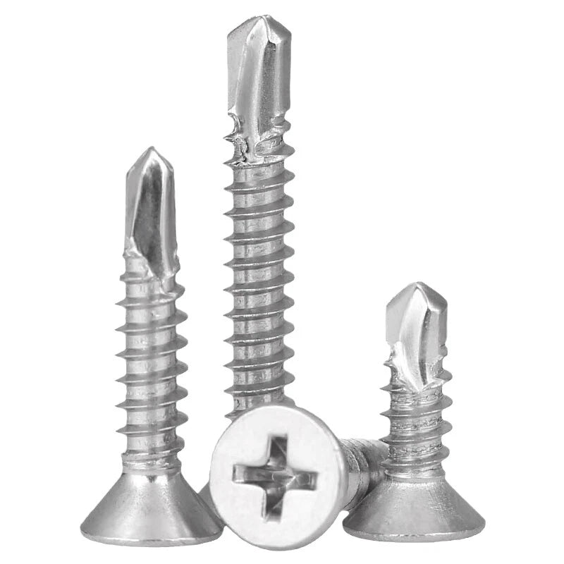 #6 #7 #8 #10 #12 #14 Flat Head Self Drilling Screws – 304/410 Stainless & Zinc Plated Steel