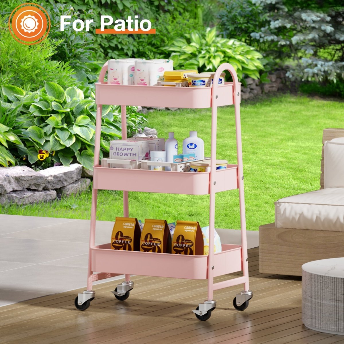Pink 3 Tier Small Rolling Cart, Metal Utility Storage Organizer Kitchen Trolley Bathroom Laundry Room Bar Office Shelves - HomeDIYer