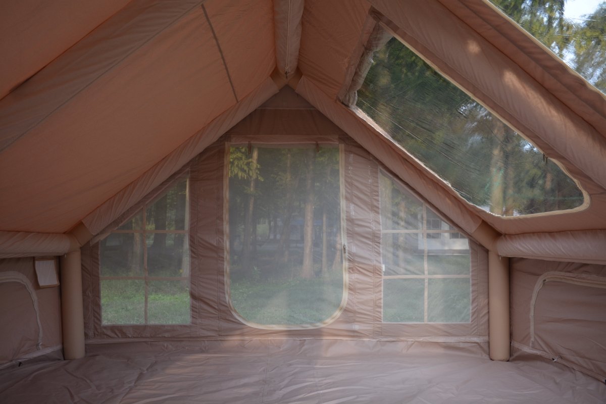 9.8 x13ft Inflatable Camping Tents with Hand Pump, Air Glamping Tents, Easy Setup Waterproof and Windproof Blow up Tent, 4 Seasons Oxford Cabin Tent with Mesh & Chimney Window. Beige - HomeDIYer