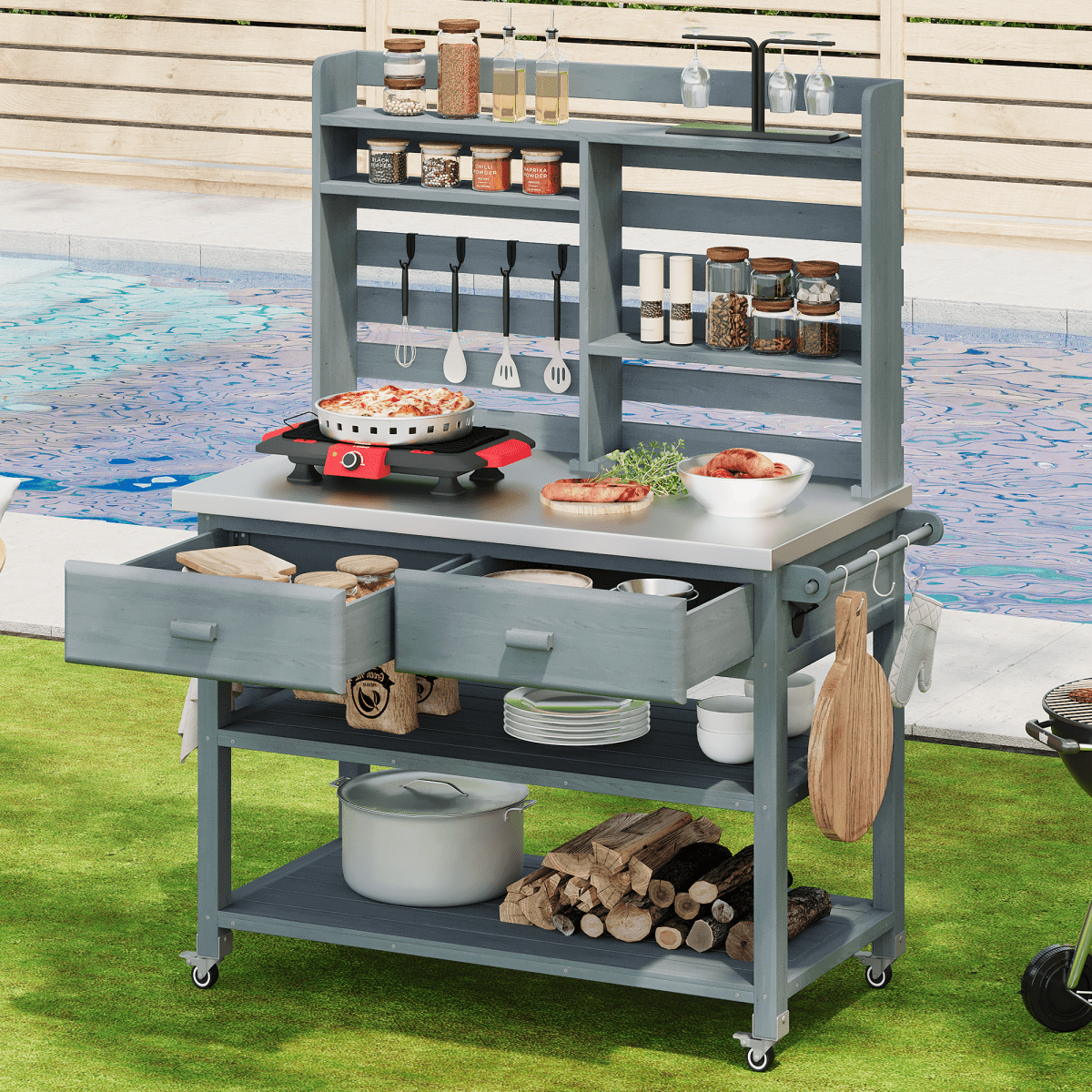 64.9"H Outdoor Potting Bench Table with Lockable Wheels, Solid Wood Outdoor Kitchen Island with Upper Hutch, Stainless Steel Top, Towel Rack ,Outdoor Storage for Grilling, Lawn Garden - Grey Blue - HomeDIYer
