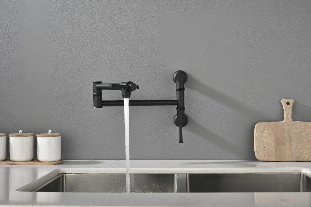 Wall Mounted Pot Filler Faucet – Matte Black, Two-Attachment Folding Swing Arm, Dual Handle, Solid Brass