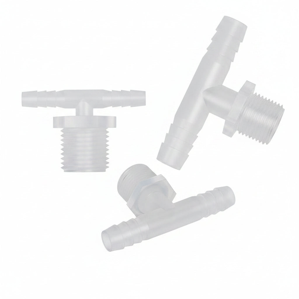 Plastic Male Thread 3-Way Hose Barb Connector — BSP & Metric, Equal Diameter