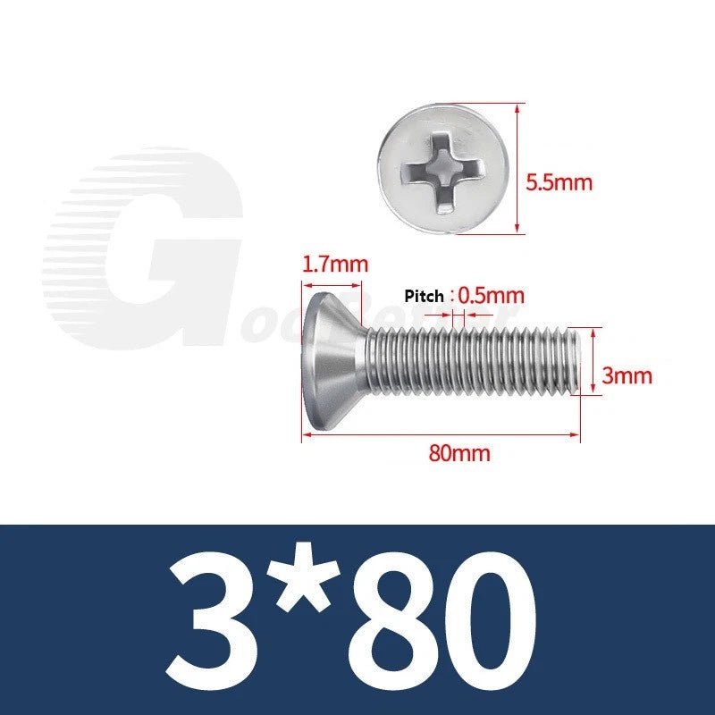 M1–M3.5 Phillips Countersunk Machine Screws – 304 Stainless Steel, Fully Threaded (3–120mm Overall Length) - HomeDIYer