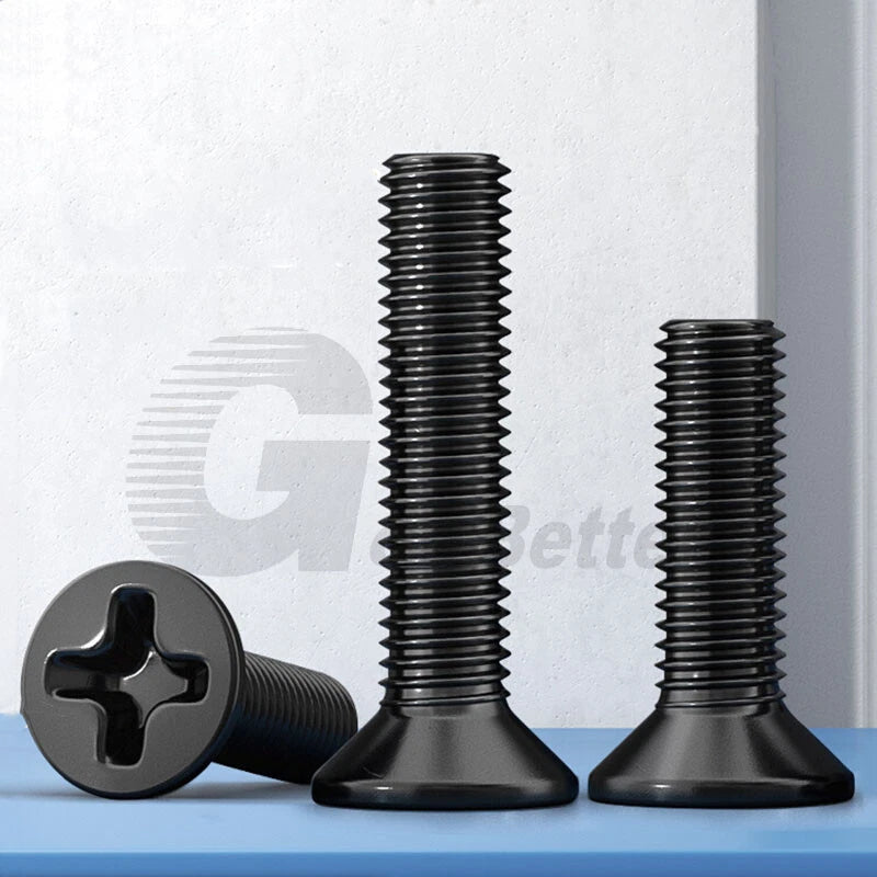 M2–M6 Black Zinc Countersunk Phillips Machine Screws – Steel, Fully Threaded (Overall Length Includes Head)