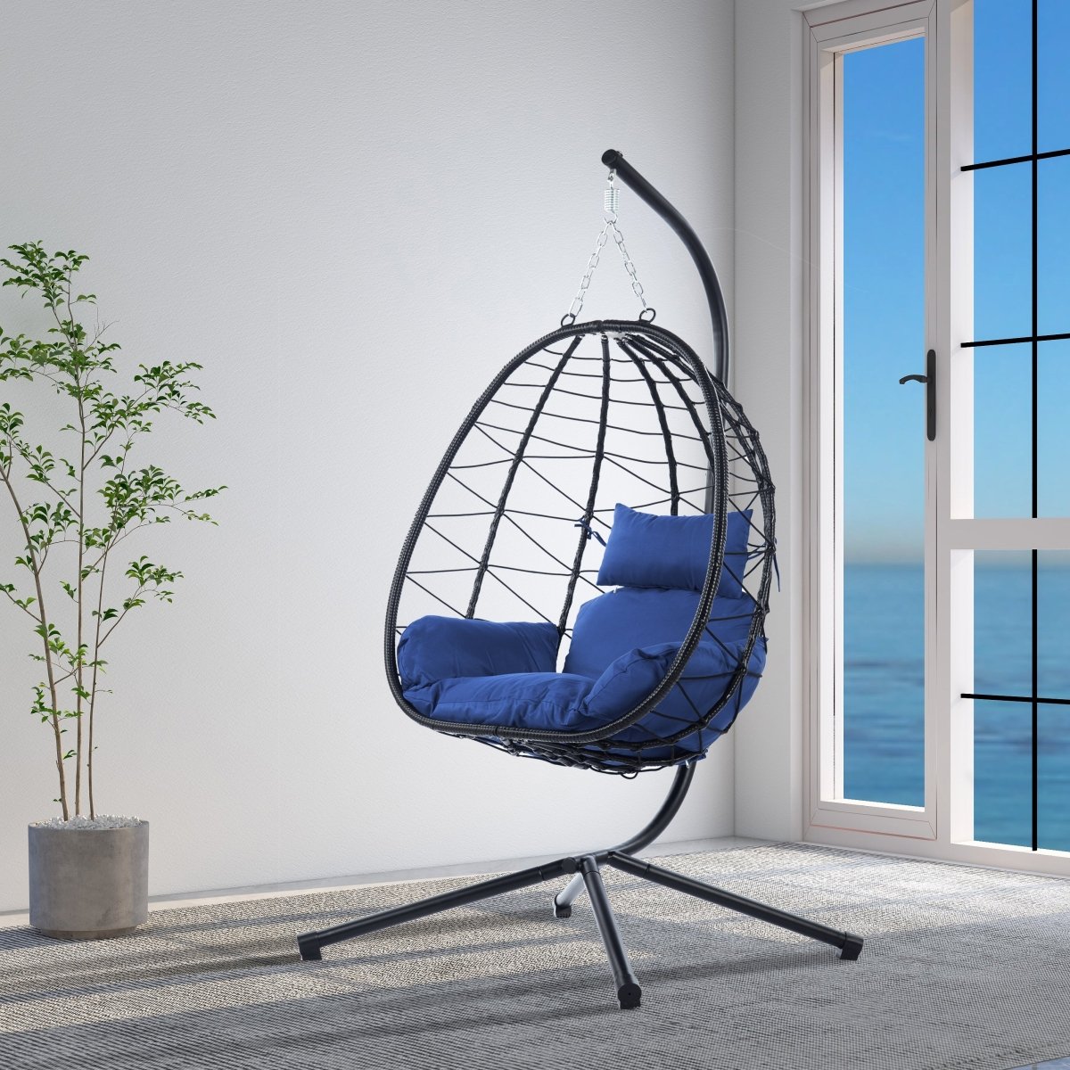 Egg Chair with Stand Indoor Outdoor Swing Chair Patio Wicker Hanging Egg Chair Hanging Basket Chair Hammock Chair with Stand for Bedroom Living Room Balcony Navy Blue - HomeDIYer
