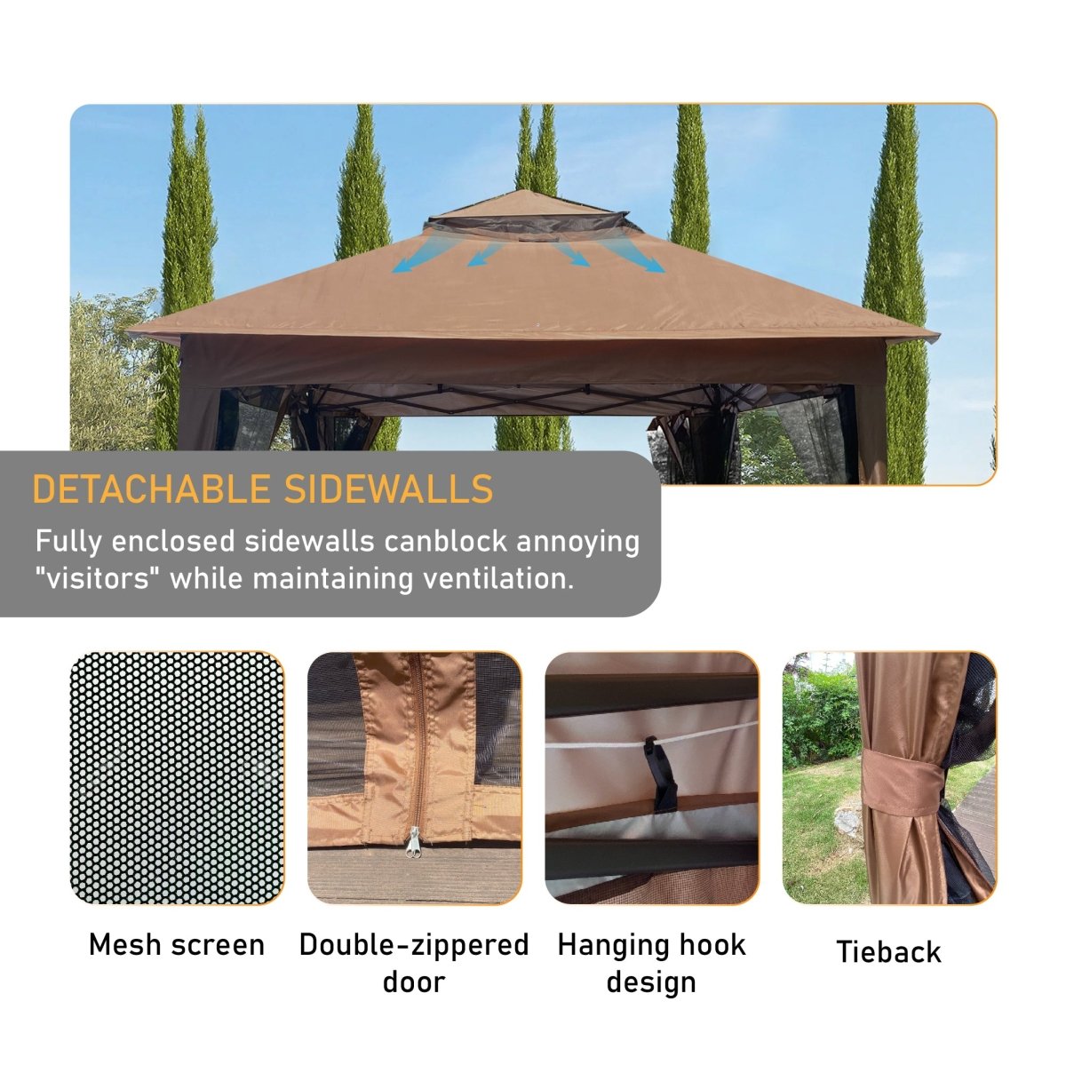 Outdoor 11x 11Ft Pop Up Gazebo Canopy With Removable Zipper Netting,2 - Tier Soft Top Event Tent,Suitable For Patio Backyard Garden Camping Area with 4 Sandbags,Brown - HomeDIYer