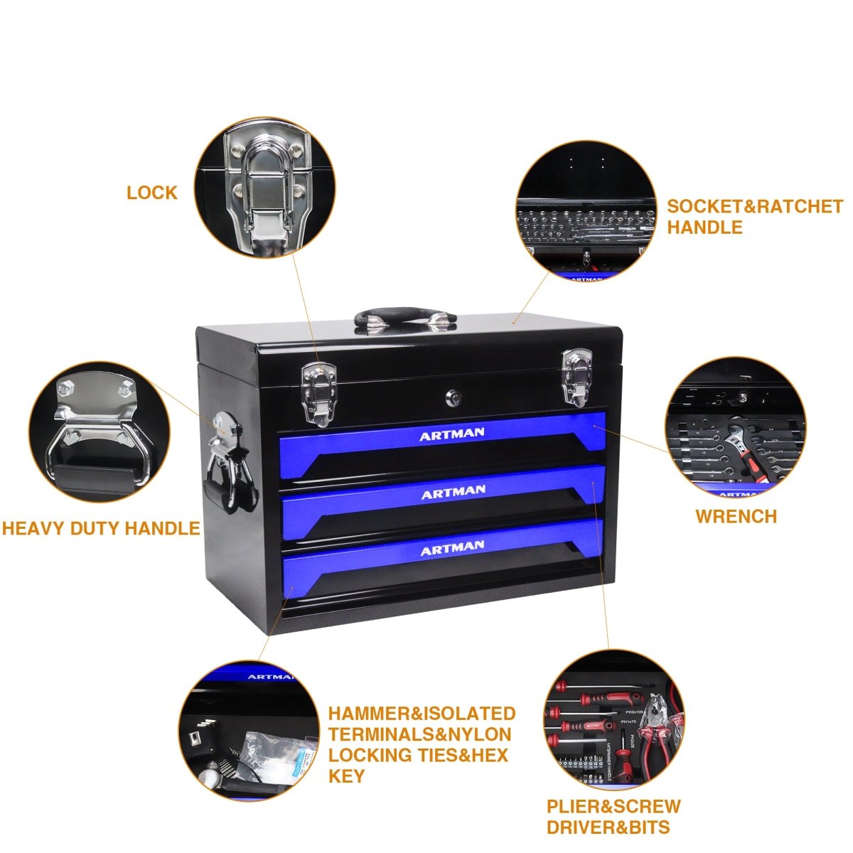 20'' Portable 3 - Drawer Steel Toolbox, 4 Layers of Tools with Metal Latches, with Top Storage Tray and carrying Handle, Multi - Function Tool Storage for Garage, Home, or Workbench ,Black&Blue - HomeDIYer