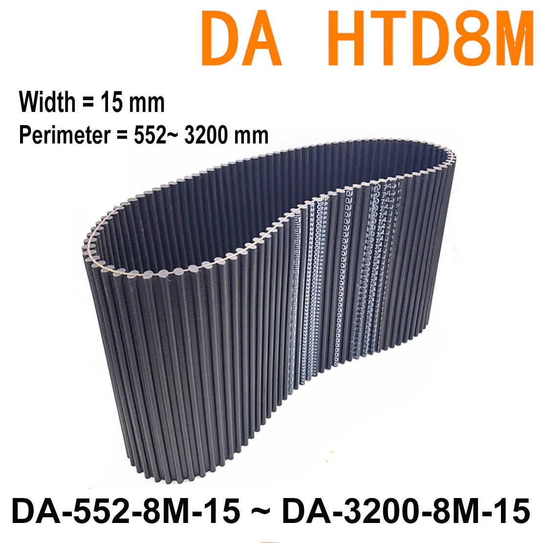 DA-HTD-8M Double-Sided Timing Belt | 15mm Wide | 552–3200mm Perimeter