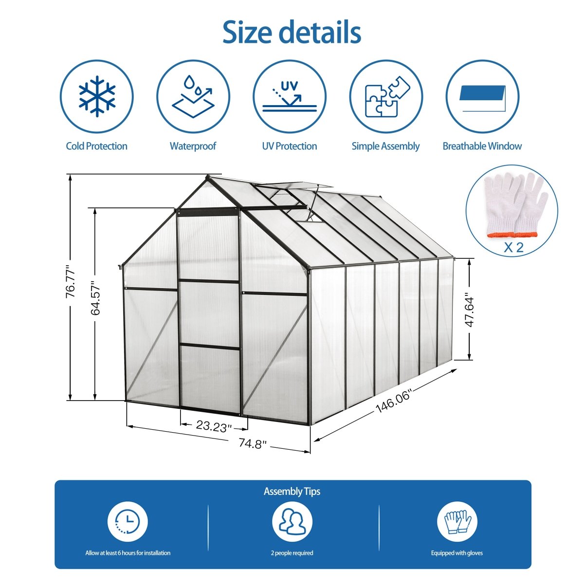 6x12 FT Polycarbonate Greenhouse Raised Base and Anchor Aluminum Heavy Duty Walk - in Greenhouses for Outdoor Backyard in All Season,Black - HomeDIYer