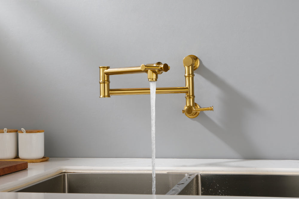 Wall Mounted Pot Filler Faucet – Brushed Gold, Two-Attachment Folding Swing Arm, Dual Handle, Solid Brass