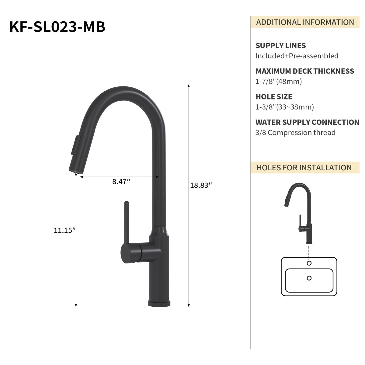 18.83" CUPC Certified Pull - down Kitchen Faucet (Matt Black Finish) - HomeDIYer