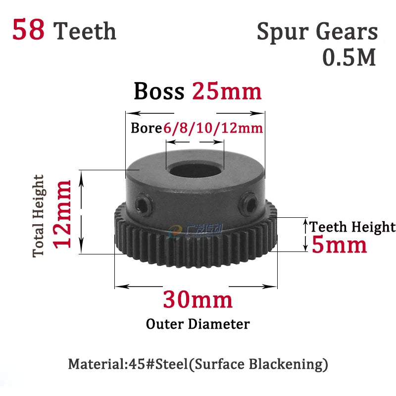 0.5M Spur Gears Steel Pinion Gears 50-58T Metal Spur Transmission Gear 45 Steel
