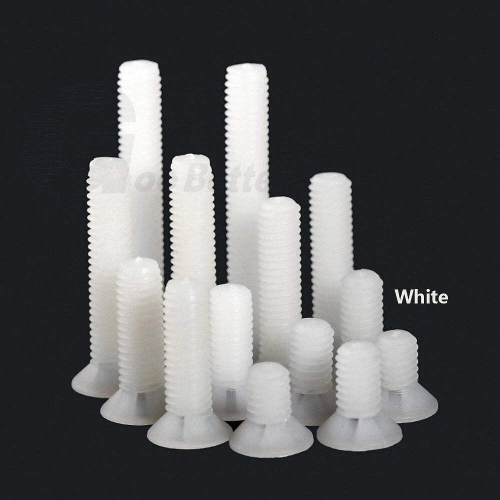 Nylon Phillips Countersunk Machine Screws – M2.5 M3 M4 M5 M6 M8, White or Black (5–40mm)