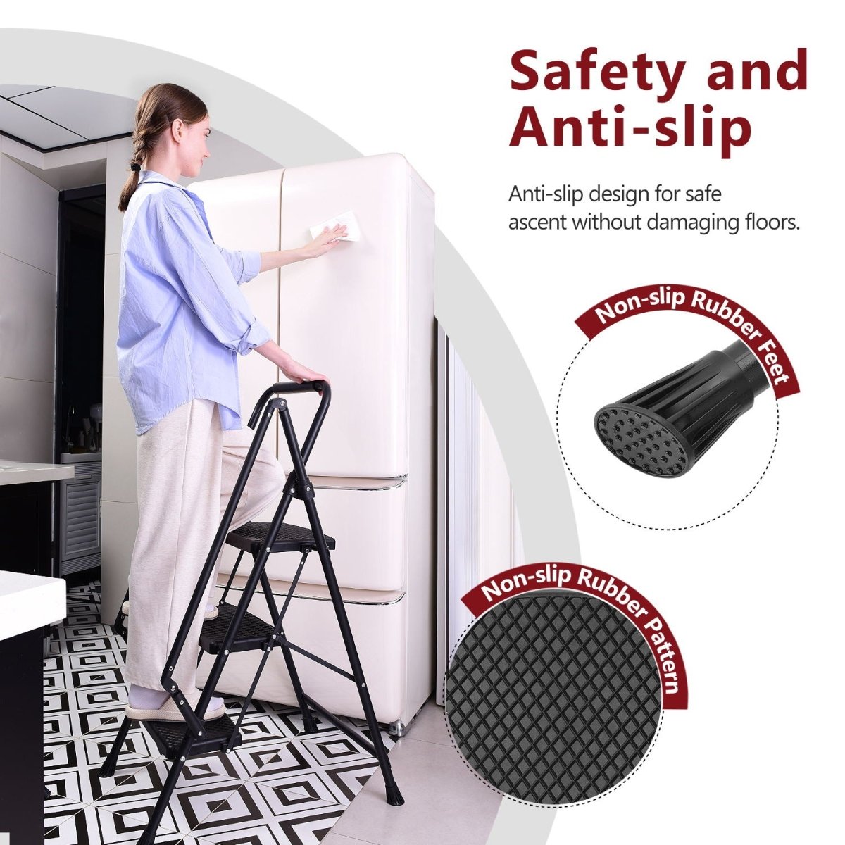 5 - step ladder, folding ladder stool, with anti slip wide pedals, steel ladder, with safety anti slip handle, lightweight 300 pound portable steel ladder stool in black - HomeDIYer
