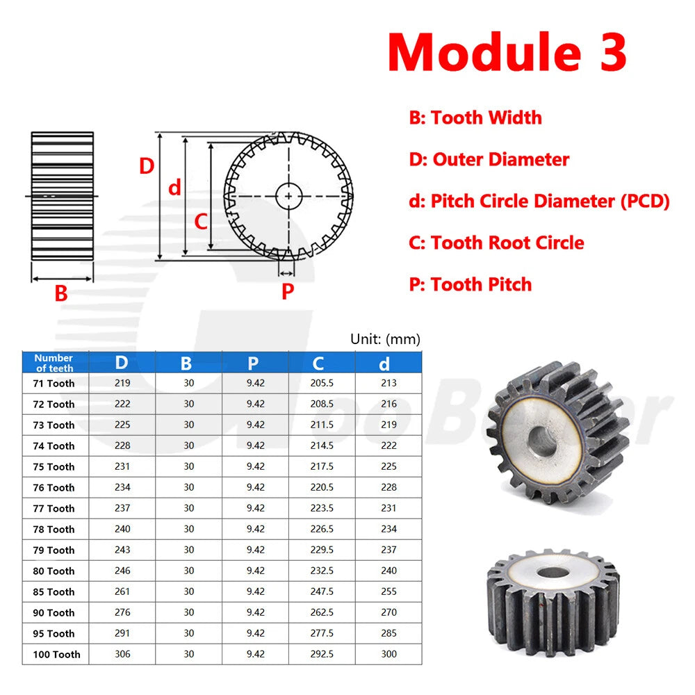 Module 3 Spur Gear C45 Steel 12 - 120 Tooth Hardened Motor Pinion Cogwheel Flat