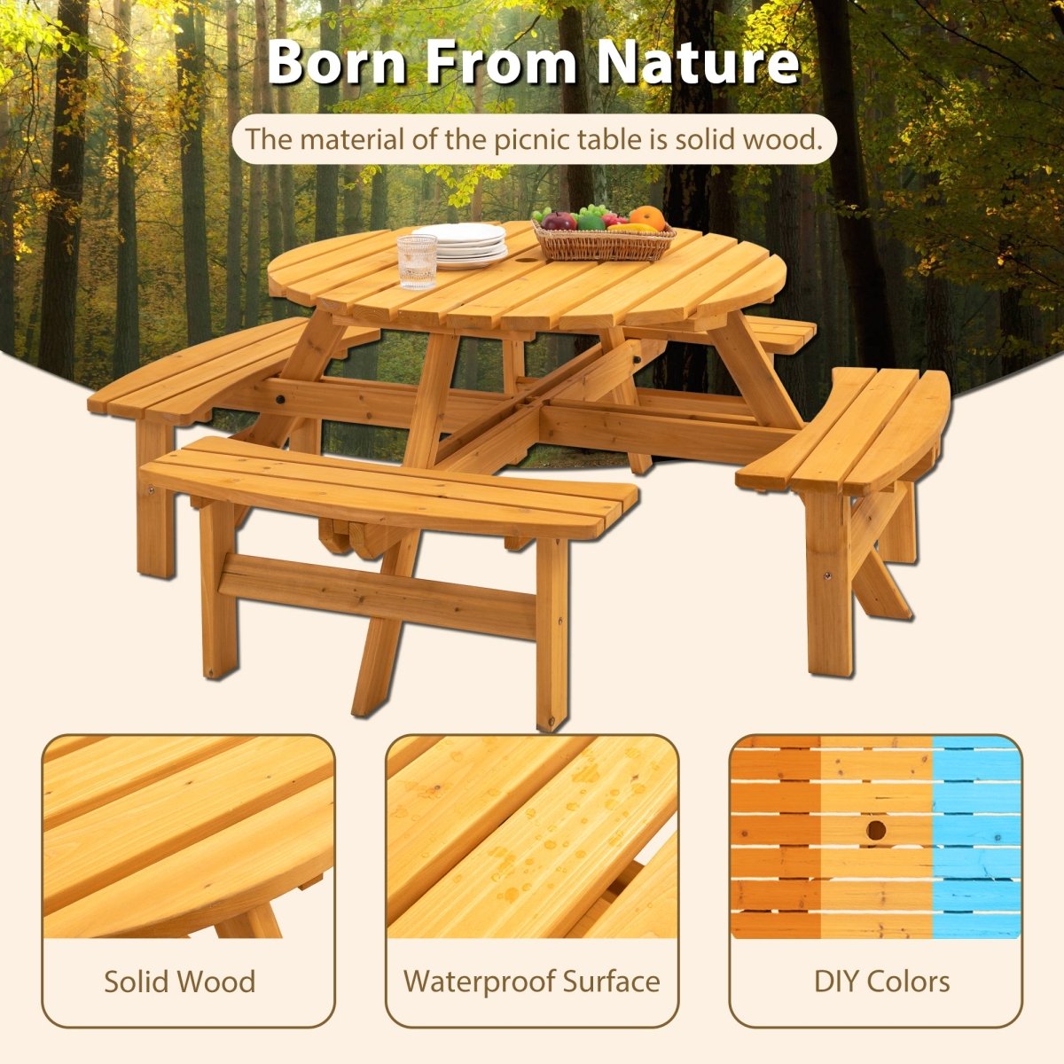 8 Person Wooden Picnic Table, Outdoor Camping Dining Table with Seat, Garden, DIY w/ 4 Built - in Benches, 2220lb Capacity - Natural - HomeDIYer