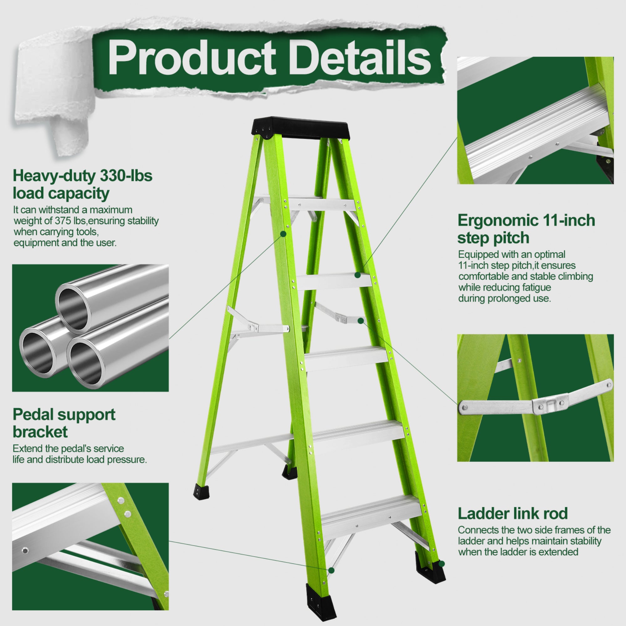 5‑Step Fiberglass Step Ladder — Non‑Conductive, 330 lb Capacity, Safety Green, 11" Step Spacing