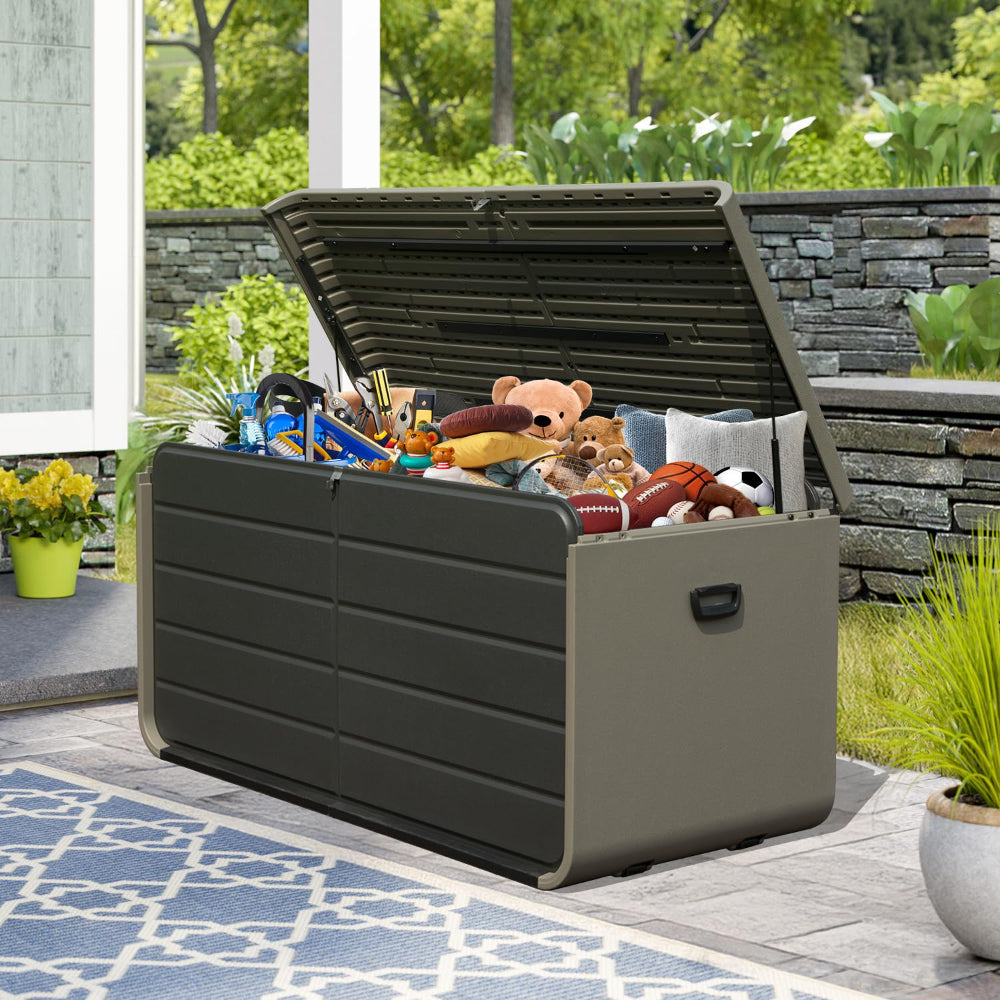 200 Gallon Plastic Deck Box – Waterproof Outdoor Storage Bench with Wheels & Hydraulic Lid, Gray