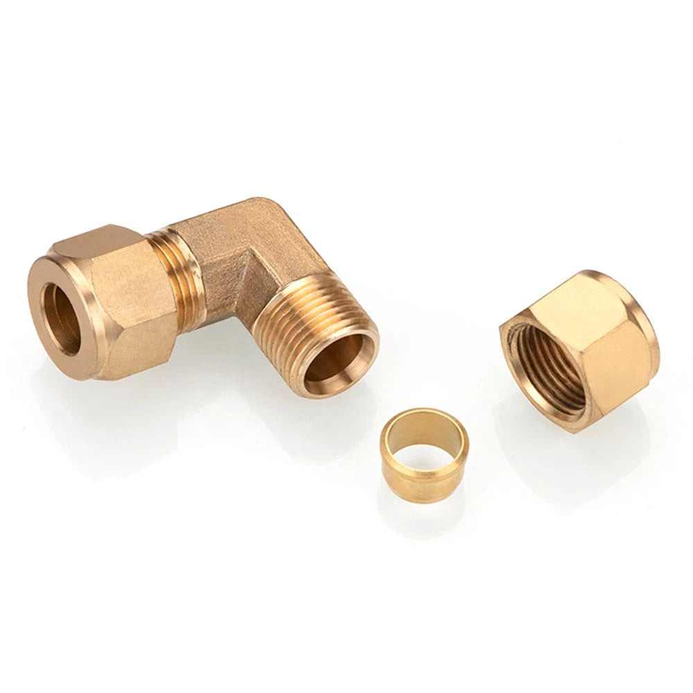 Brass Compression 90° Elbow Fitting — Double Ferrule Connector for Copper Tube
