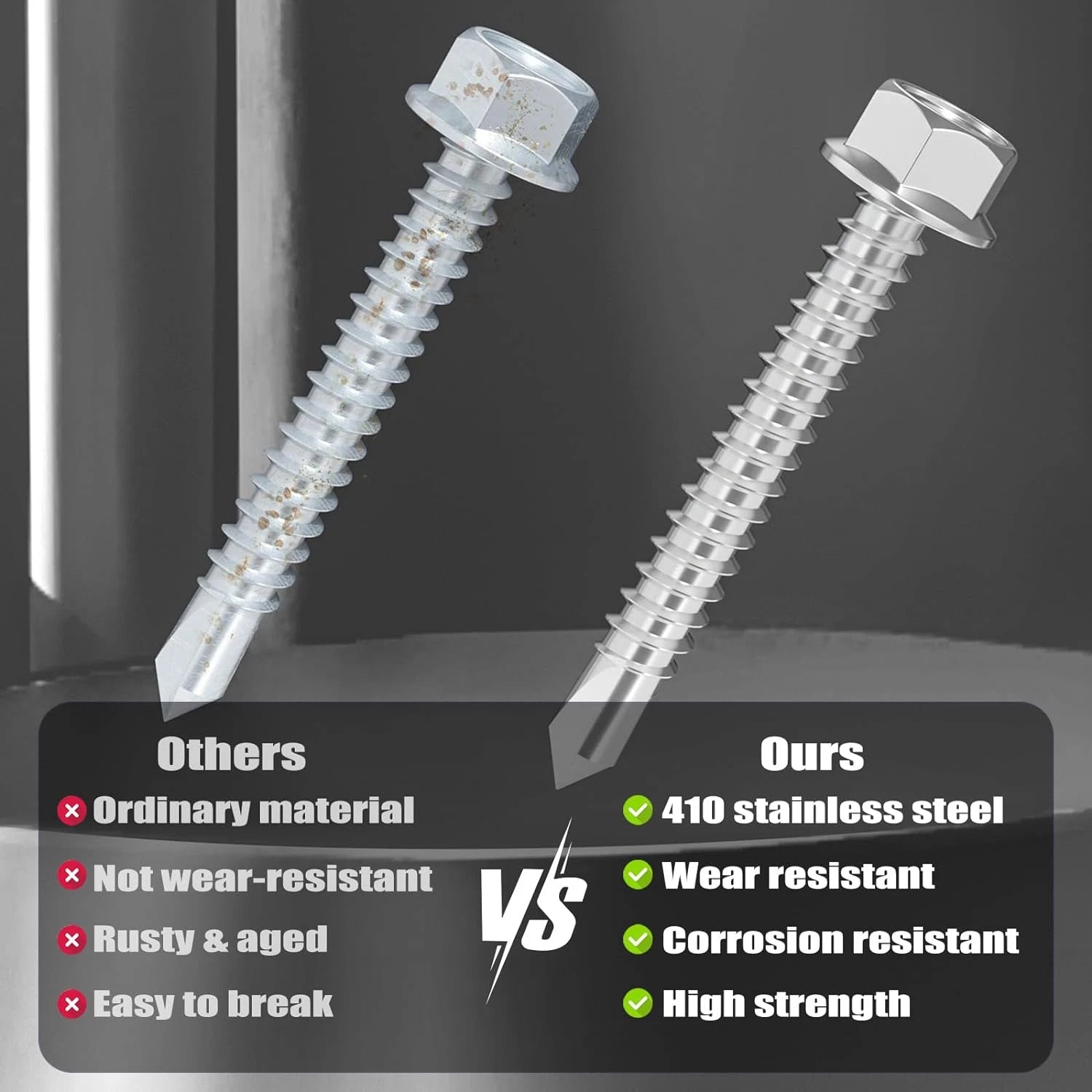 400PCS Hex Washer Head Self Drilling Tek Screws – 410 Stainless Steel, #8 #10 #12