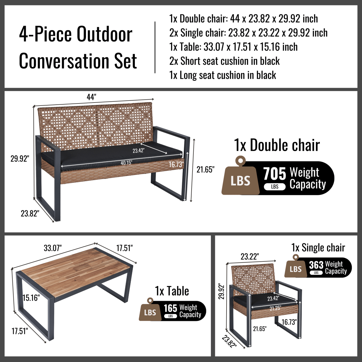 Patio Furniture Set 3 Piece Mixture Pattern PE Rattan Steel Frame And Modern Round Table, Brown and Black - HomeDIYer
