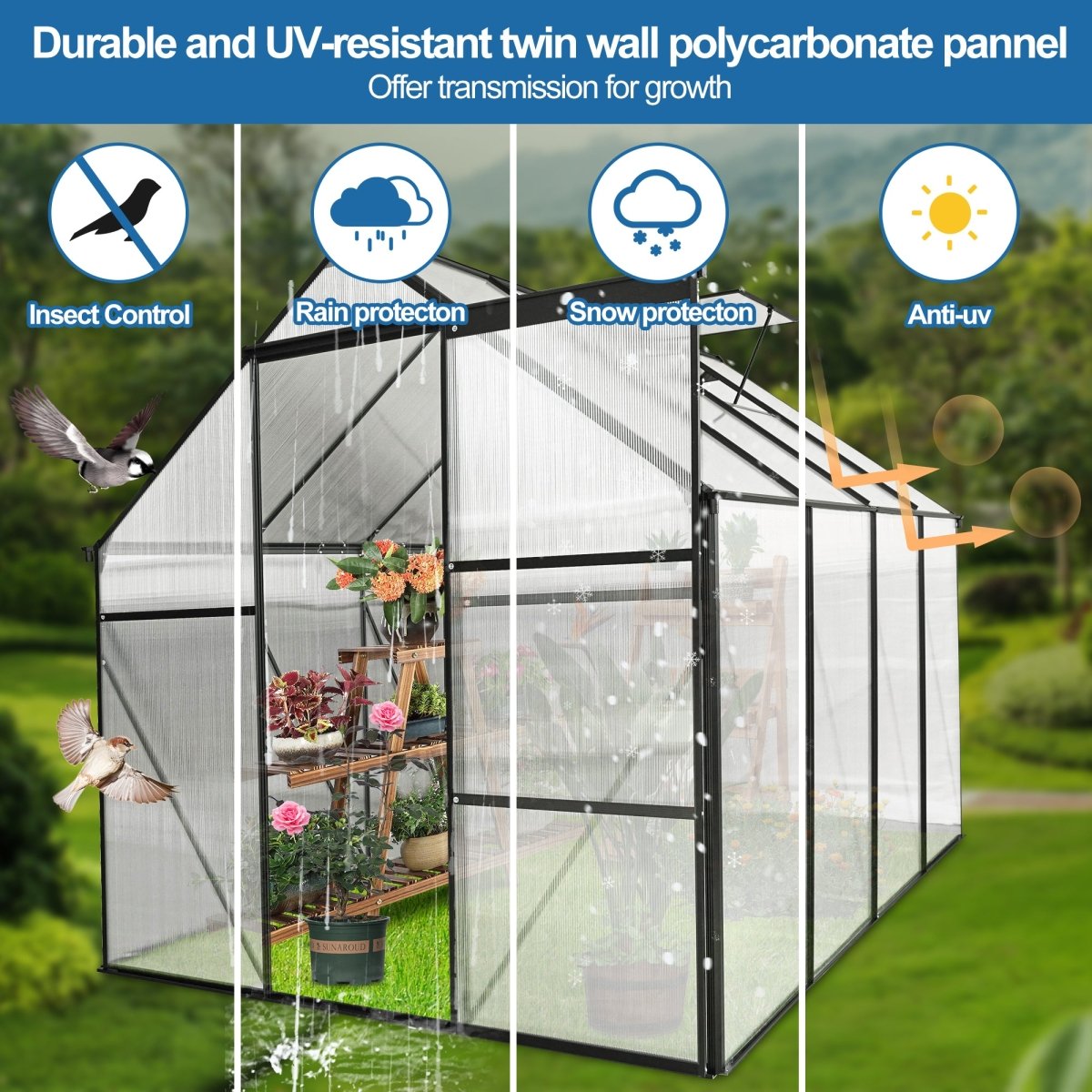6x8 FT Polycarbonate Greenhouse Raised Base and Anchor Aluminum Heavy Duty Walk - in Greenhouses for Outdoor Backyard in All Season - HomeDIYer