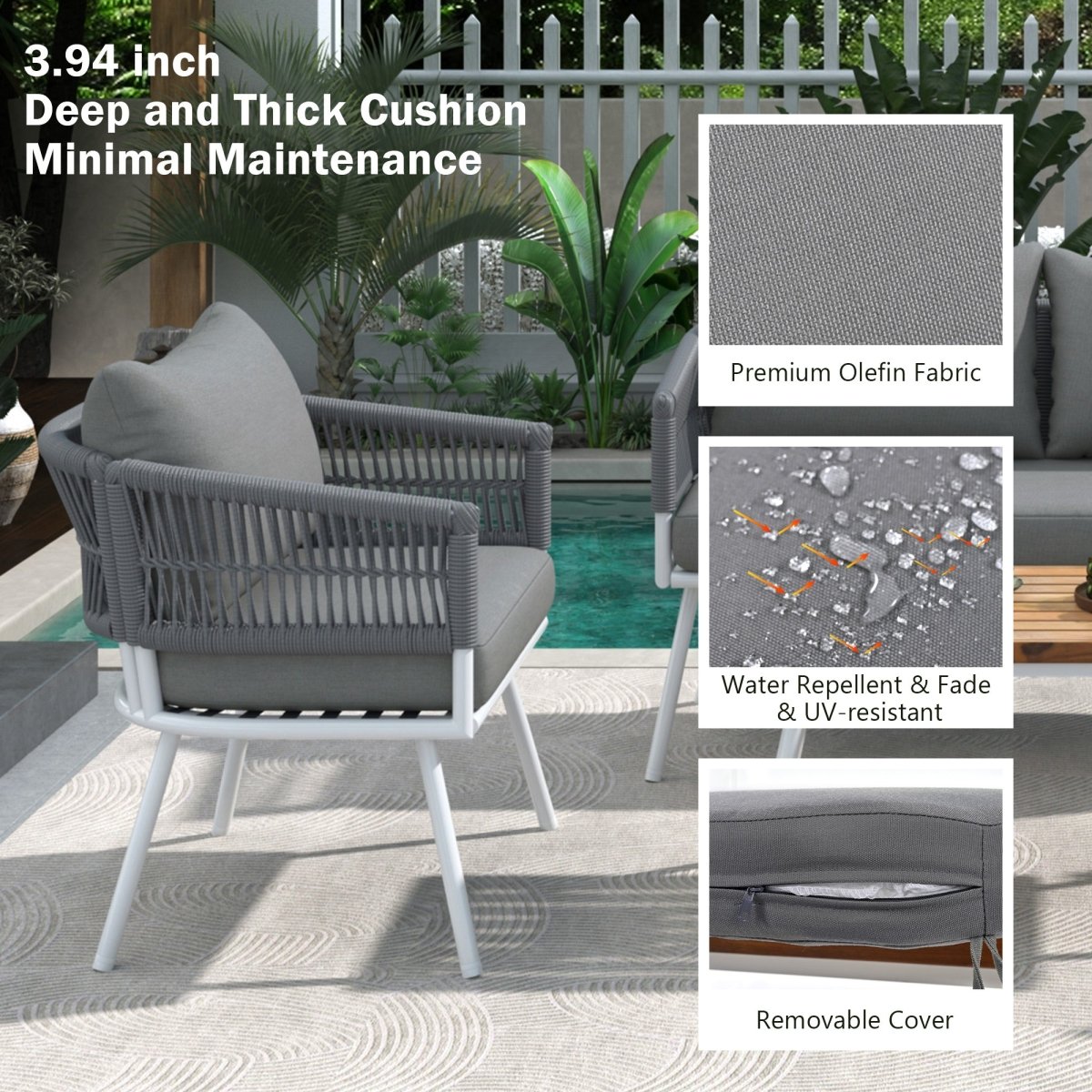 4 - Piece Boho Rope Patio Furniture Set, Outdoor Furniture with Acacia Wood Table, Patio Conversation Set with Deep Seating & Thick Cushion for Backyard Porch Balcony, Grey - HomeDIYer