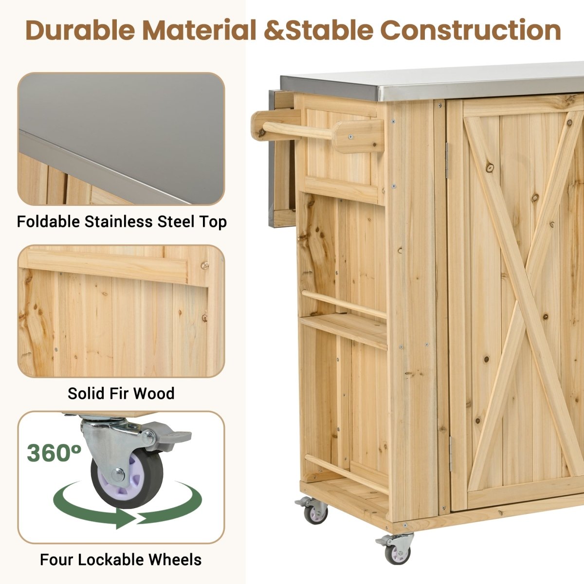 Natural Wood Outdoor Kitchen Island with Stainless Steel Top | Foldable Prep Station - HomeDIYer