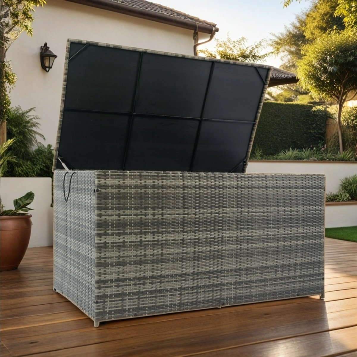 200 Gallon Wicker Deck Box - Waterproof Outdoor Storage with Convertible Tabletop - HomeDIYer