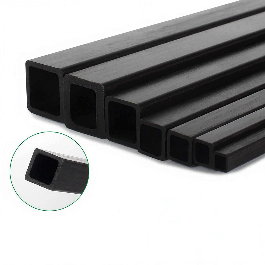 Carbon Fiber Square Tube 500mm — Square & Round Bore, 1.4mm to 12mm OD