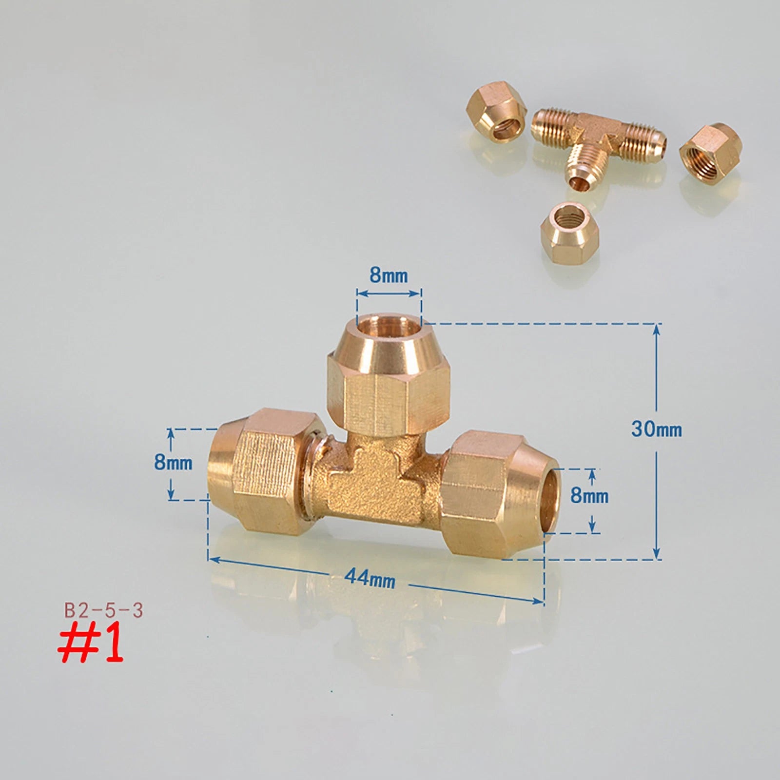 Flare Tee Brass Fitting for AC Copper Tube — 8mm & 10mm