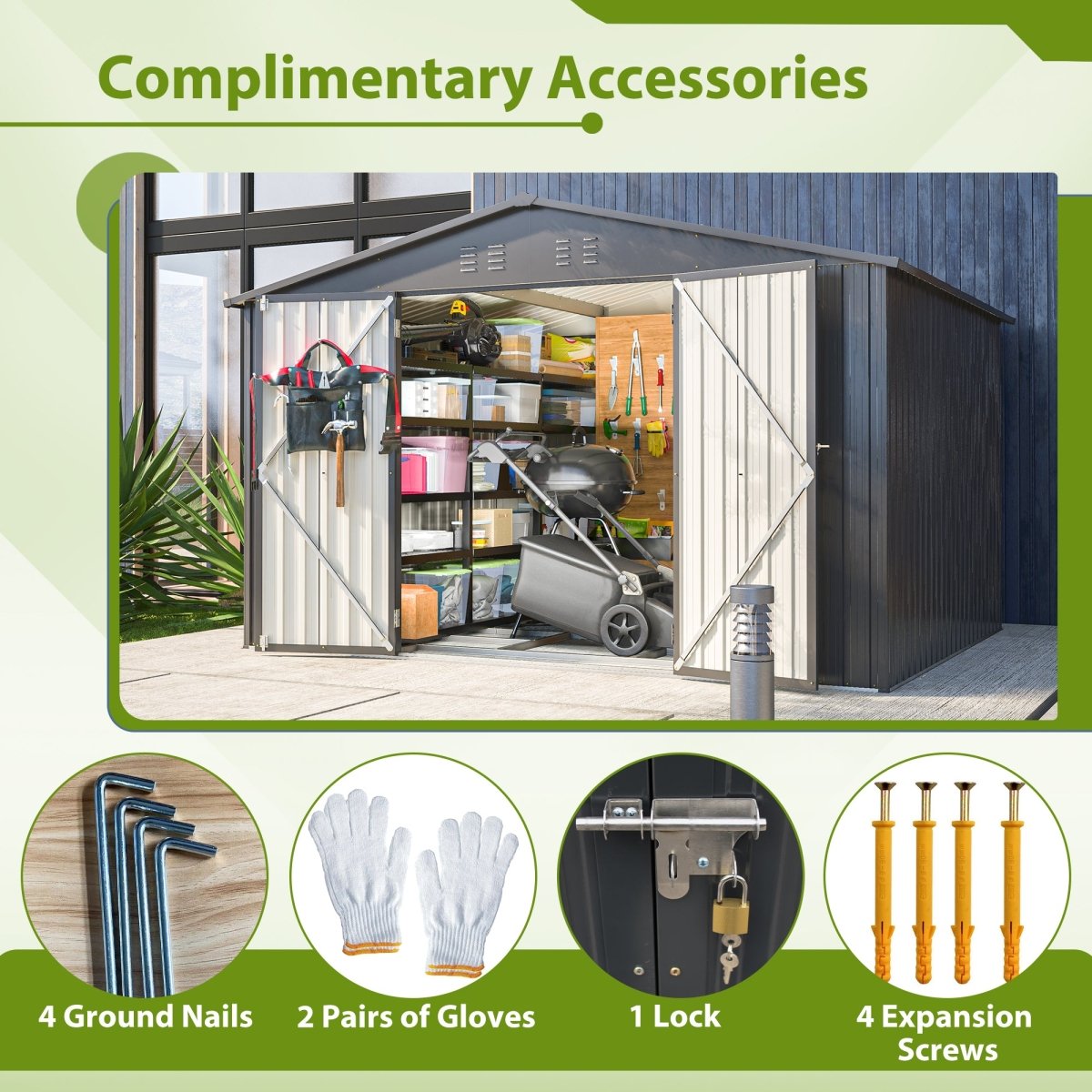 10X8 FT Outdoor Storage Shed, All Weather Metal Sheds with Lockable Doors, Tool Shed for Garden, Patio, Backyard, Lawn, Black - HomeDIYer