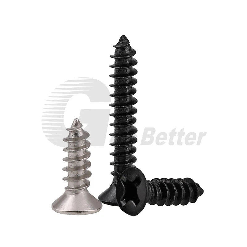 M1 M1.2 M1.4 M1.7 M2 M2.3 M2.6 M3 Flat Head Self‑Tapping Screws – Black Zinc or Nickel Plated