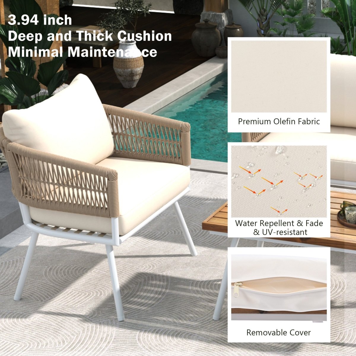 4 - Piece Boho Rope Patio Furniture Set, Outdoor Furniture with Acacia Wood Table, Patio Conversation Set with Deep Seating & Thick Cushion for Backyard Porch Balcony, Beige - HomeDIYer