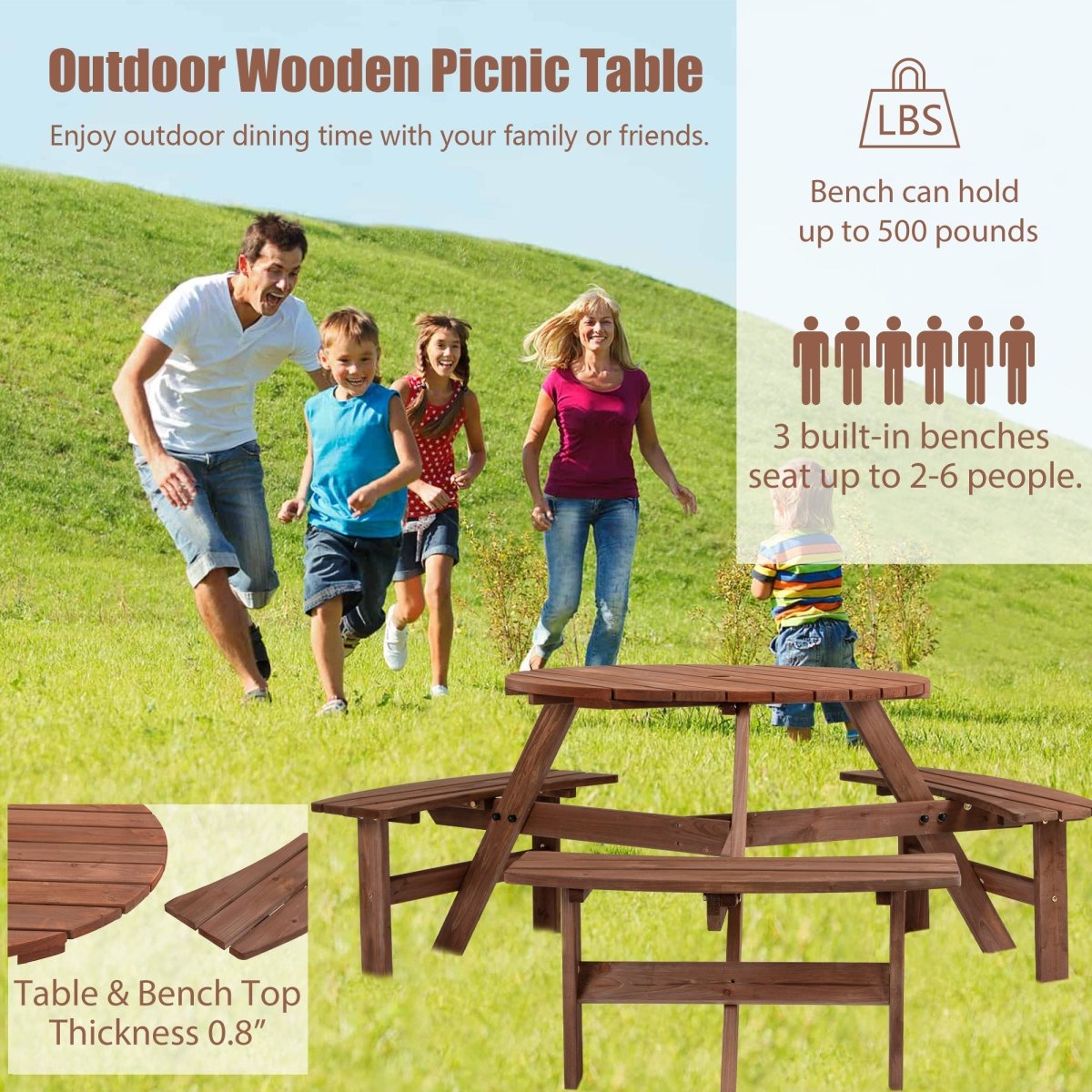 6 - Person Circular Outdoor Wooden Picnic Table for Patio, Backyard, Garden, DIY w/ 3 Built - in Benches, 1720lb Capacity - Brown - HomeDIYer