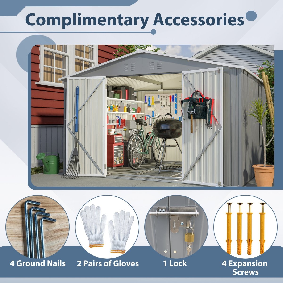 10X8 FT Outdoor Tool Storage Shed with Metal Foundation & Lockable Doors, All Weather Metal Sheds for Garden, Patio, Backyard, Lawn, Gray - HomeDIYer