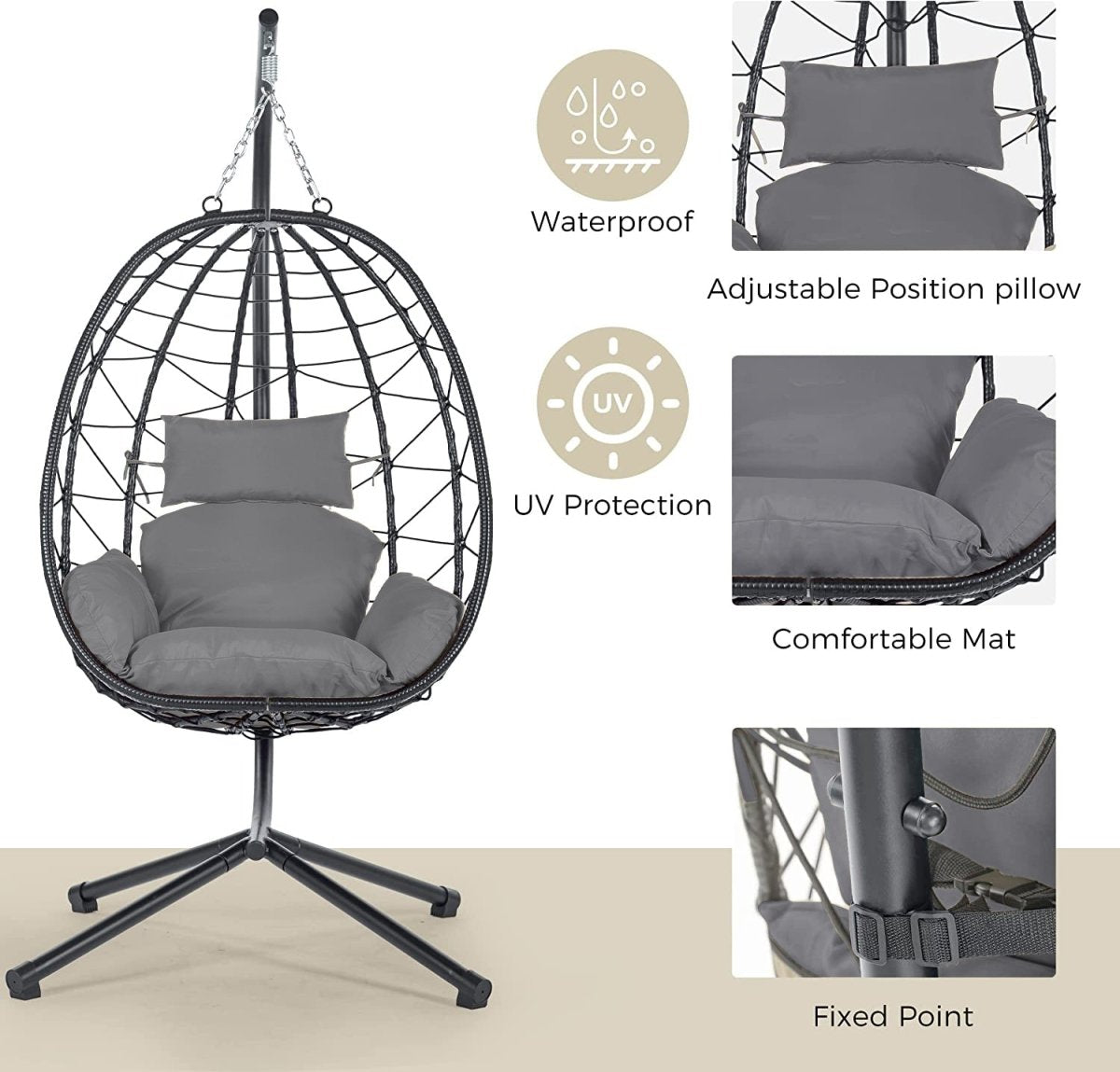 Egg Chair with Stand Indoor Outdoor Swing Chair Patio Wicker Hanging Egg Chair Hanging Basket Chair Hammock Chair with Stand for Bedroom Living Room Balcony Dark Gray - HomeDIYer