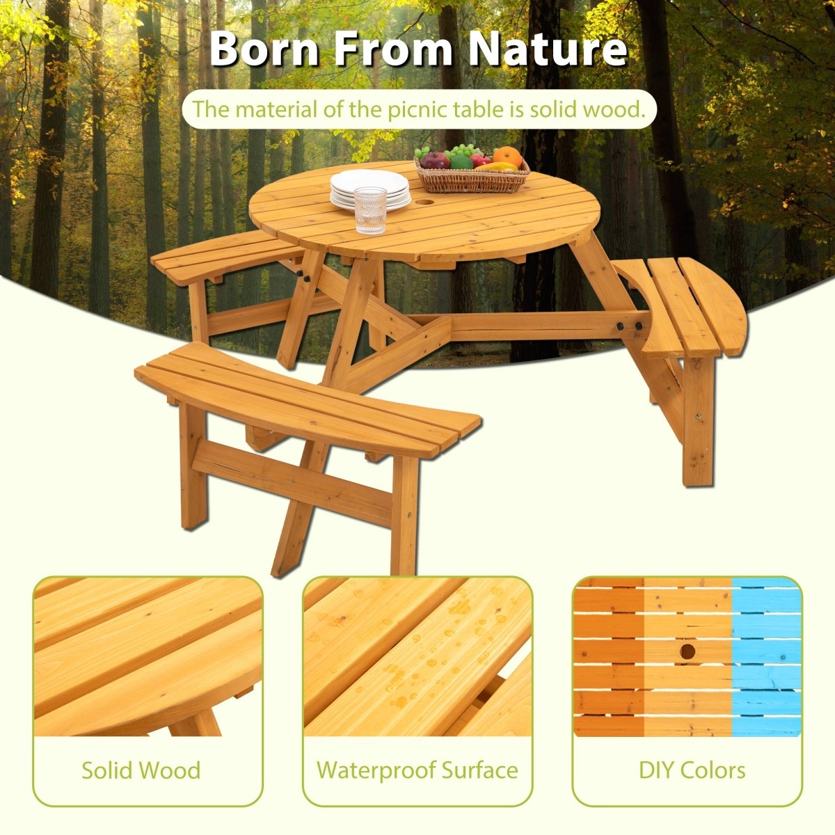 6 - Person Circular Outdoor Wooden Picnic Table for Patio, Backyard, Garden, DIY w/ 3 Built - in Benches, 1720lb Capacity - Natural - HomeDIYer