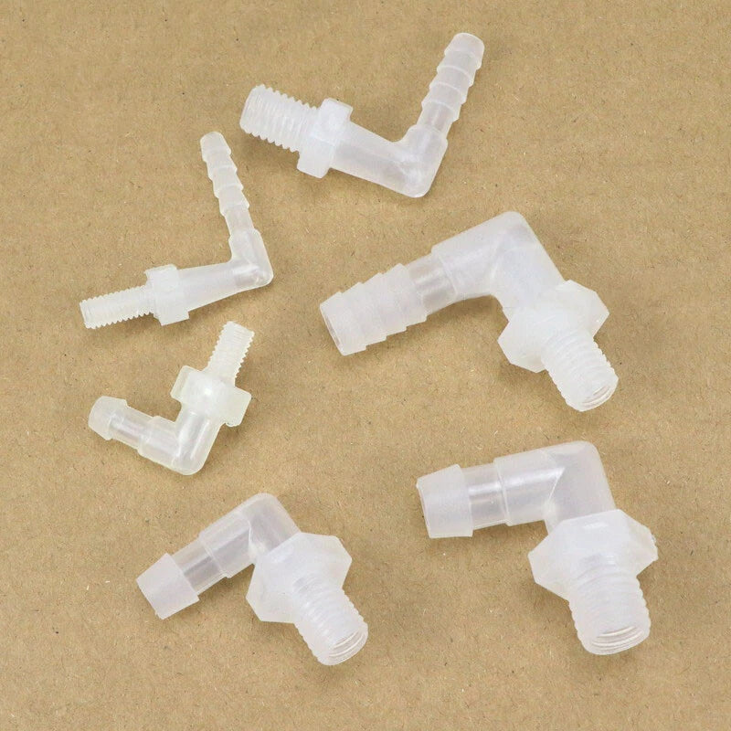 90° Elbow Hose Barb Fitting with External Thread — Plastic Tube Connector M5 to M12