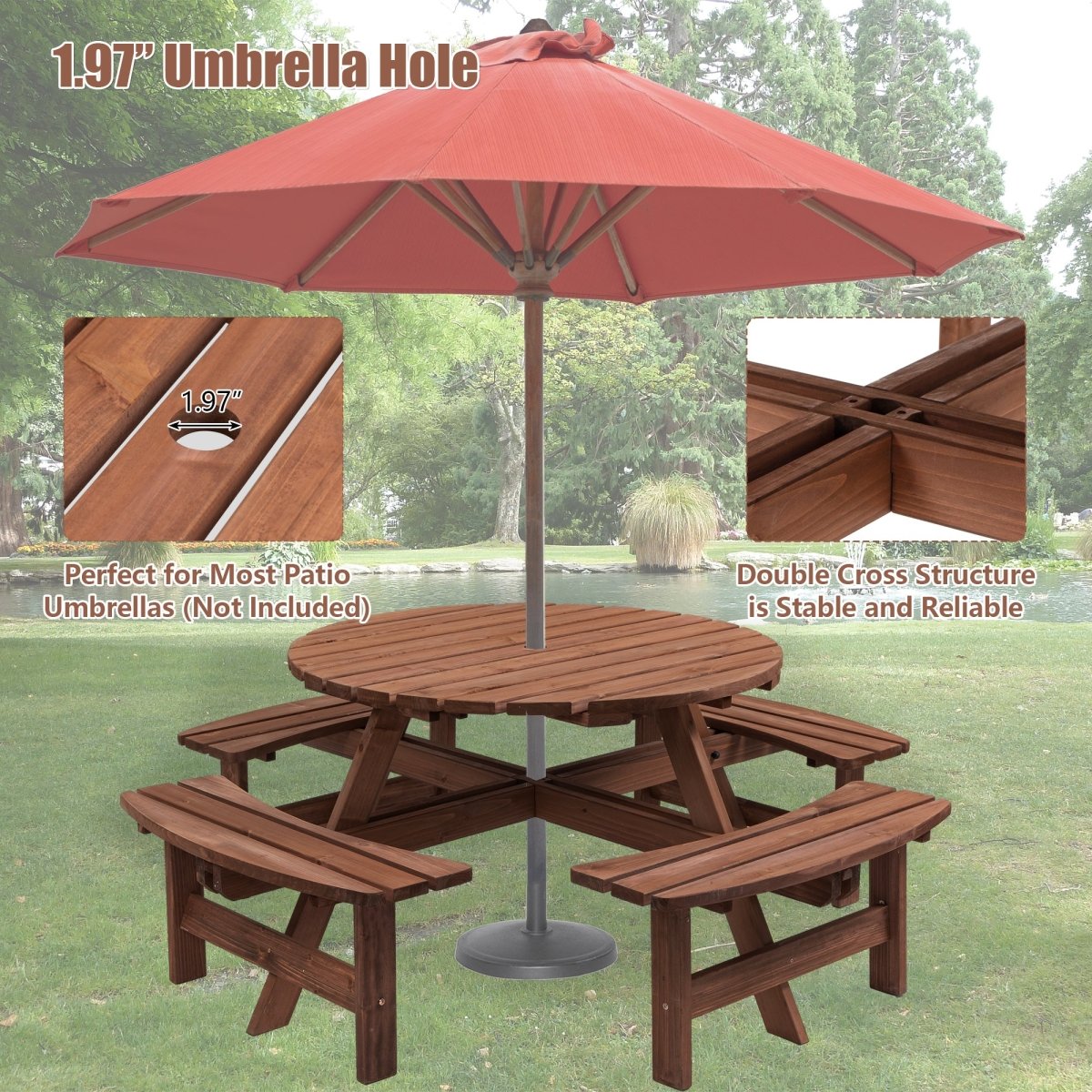 8 Person Wooden Picnic Table, Outdoor Camping Dining Table with Seat, Garden, DIY w/ 4 Built - in Benches, 2220lb Capacity - HomeDIYer