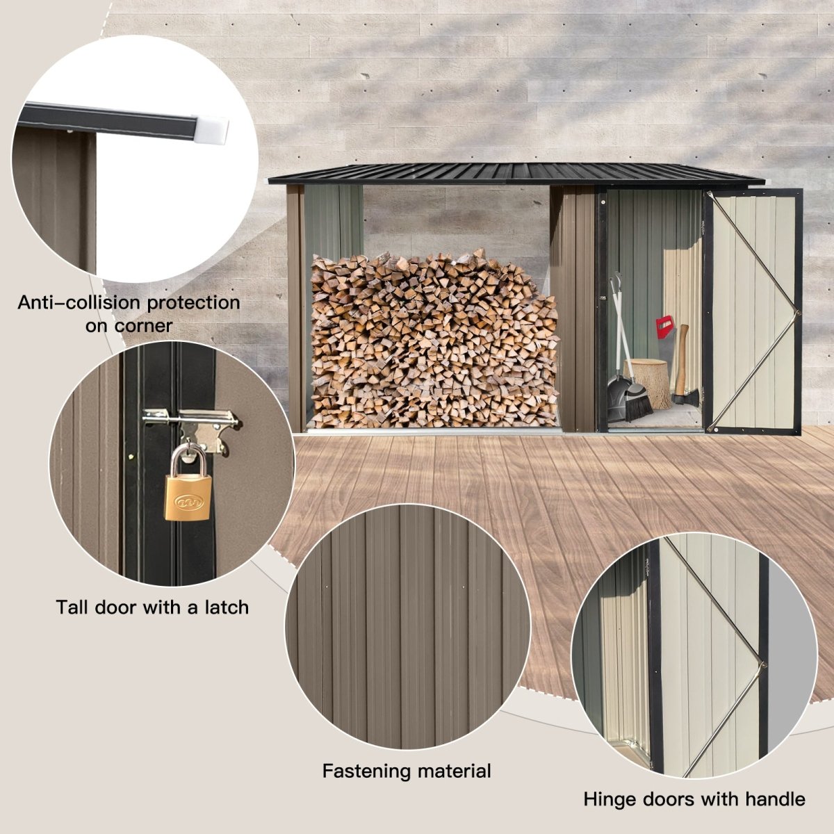 Outdoor Metal Firewood Rack and Storage Shed, Brown and Black,Two - in - one function - HomeDIYer