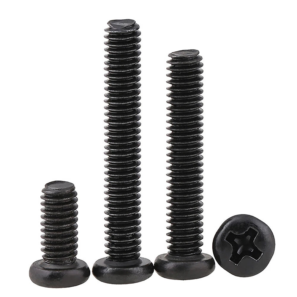 M2 M2.5 M3 Pozi Pan Head Machine Screws – Black Zinc Carbon Steel, Fully Threaded