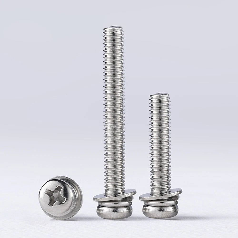 M2–M10 Phillips Pan Head Sems Screws – 304 Stainless Steel with Pre‑Assembled Spring & Flat Washers