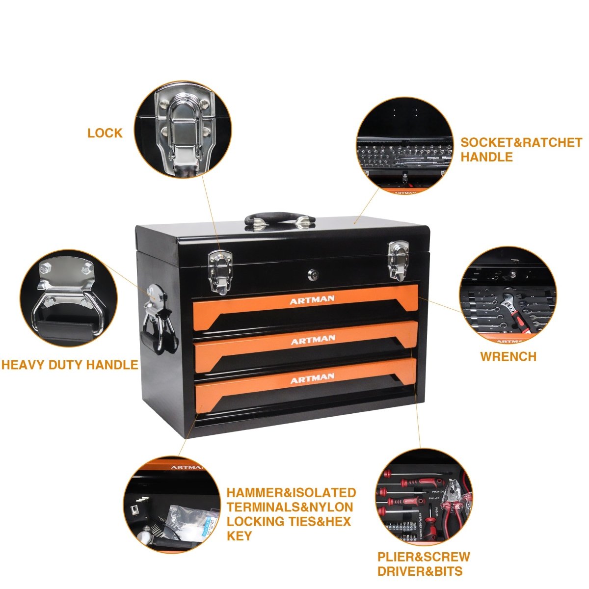 20'' Portable 3 - Drawer Steel Toolbox, 4 Layers of Tools with Metal Latches, with Top Storage Tray and carrying Handle, Multi - Function Tool Storage for Garage, Home, or Workbench ,Black&Orange - HomeDIYer